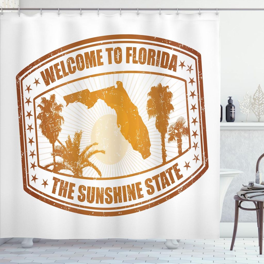ABAKUHAUS Florida Duschvorhang, Sonnenschein Bundesstaat Amerika Stadt Karte Bäume Und Sterne Reise Stempel, 175 x 240 cm, Ingwer Orange Weiß