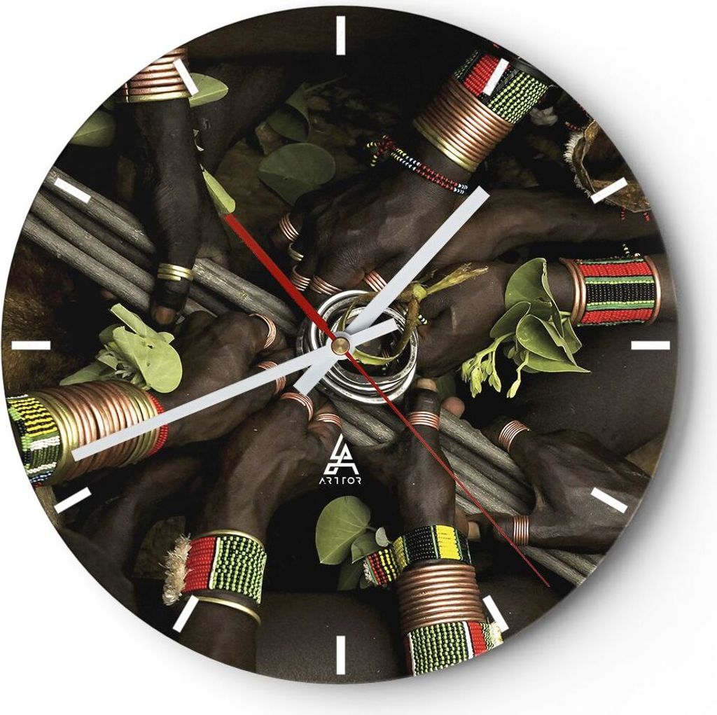 Wanduhr - Rund - Glasuhr - Äthiopien Ritual Stamm - 30x30cm - Schleichendes Uhrwerk - Lautlos - zum Aufhängen bereit - Dekoration Modern - Wandde...