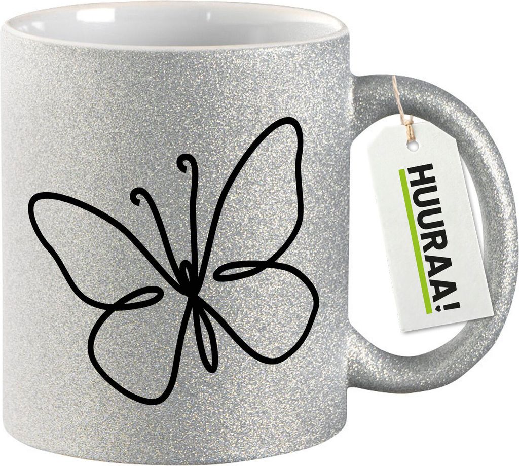 Huuraa Glitzertasse Schmetterling Silhouette 330ml Silber Keramik Kaffeebecher Geschenkidee