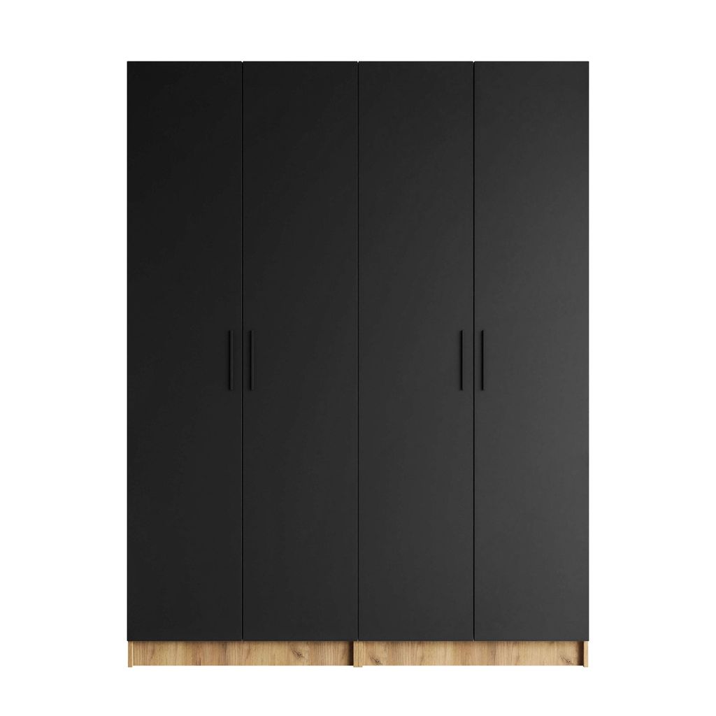 Viertüriger Kleiderschrank NORA mit Griffen, Gold Craft / Schwarz