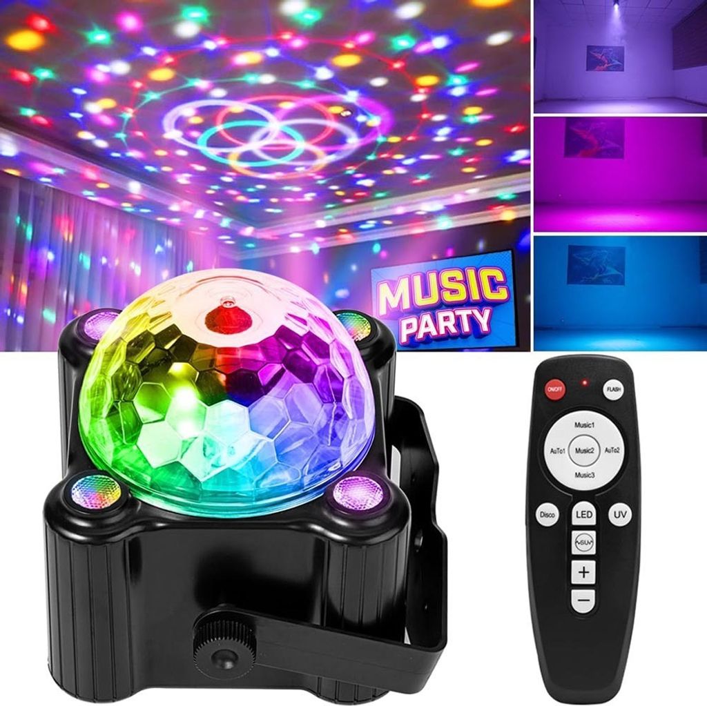 A collage of images showing a disco ball light, its effects on a ceiling, different colored room lighting, and a remote control.
