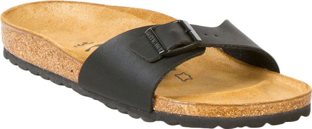 A single black Birkenstock sandal is shown from a side-angle on a white background.