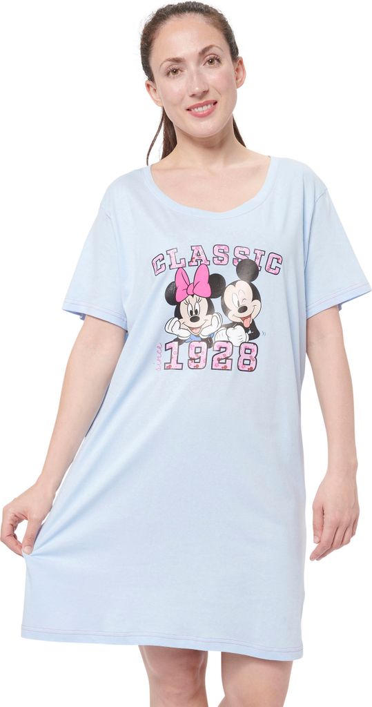 Disney Minnie Mouse Nachthemd für Damen - Schlafshirt Pyjama Kurzarm Oberteil Blau M