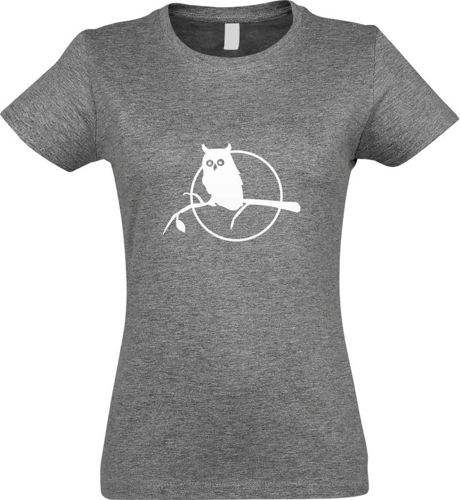 Kiwistar - T-Shirt tailliert - Damen - Graumeliert - Eule auf einem AST - Owl Branch - mit Motiv Bedruckt - Funshirt Design - Sport - Freizeit - Da...