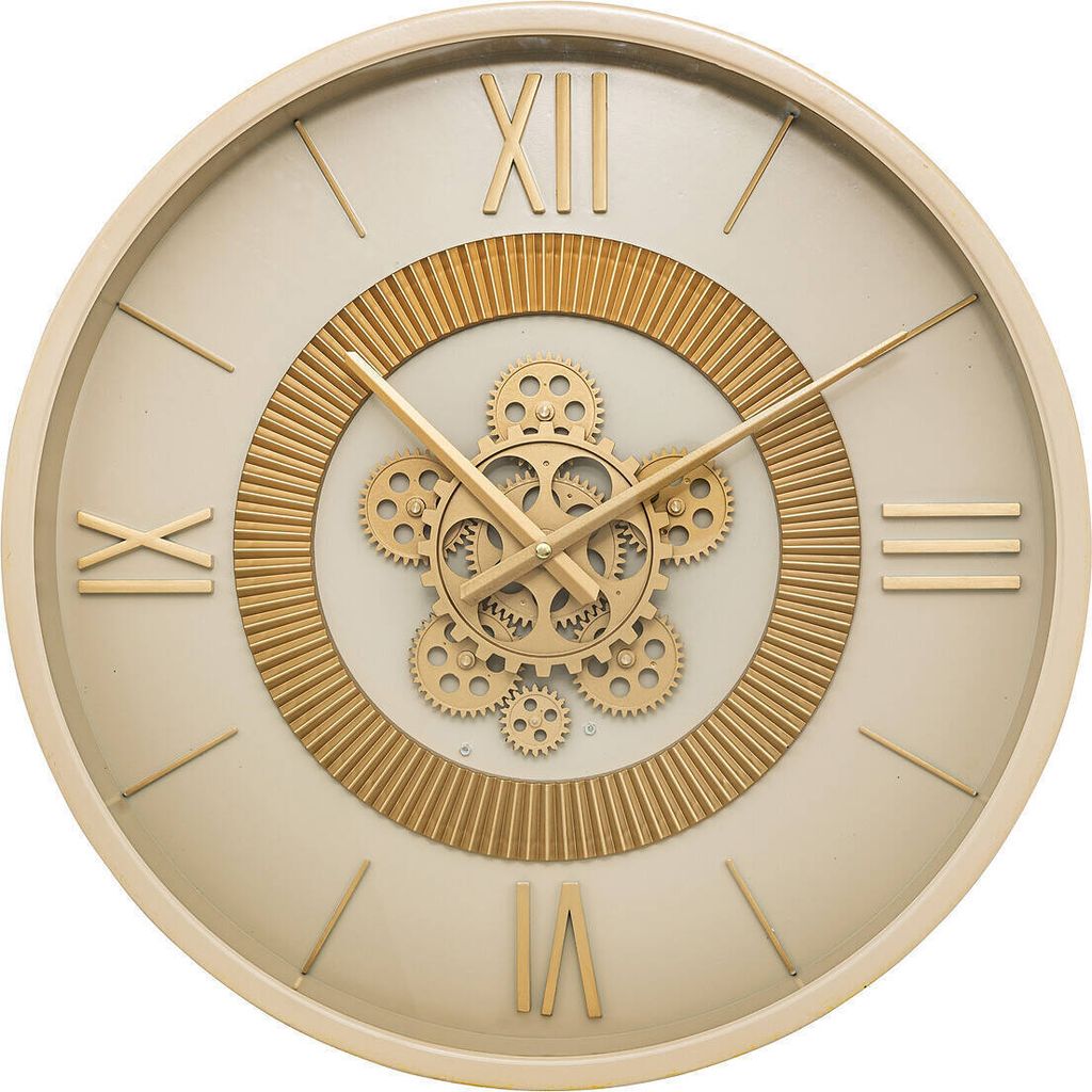 A close-up studio shot of a mechanical wall clock.