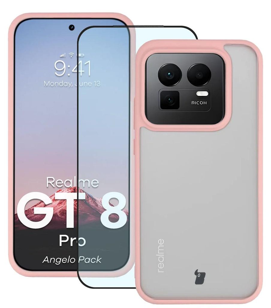 Schutzhülle + gehärtetem Glas für Realme GT 8 Pro, Bizon Angelo Pack, Semitransparent mit hellrosem Rahmen