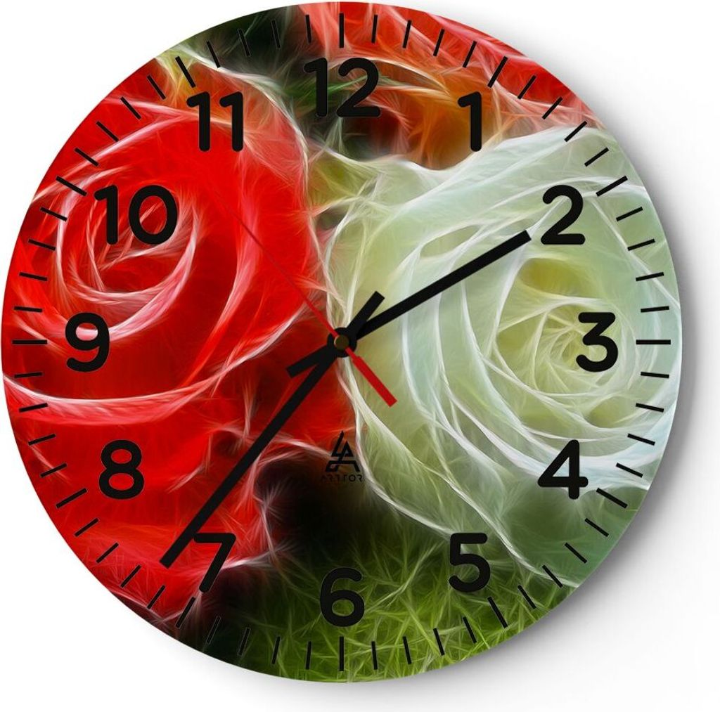 Wanduhr - Rund - Glasuhr - Blumen Blumenstrauß Rose - 30x30cm - Schleichendes Uhrwerk - Lautlos - zum Aufhängen bereit - Dekoration Modern - Wand...