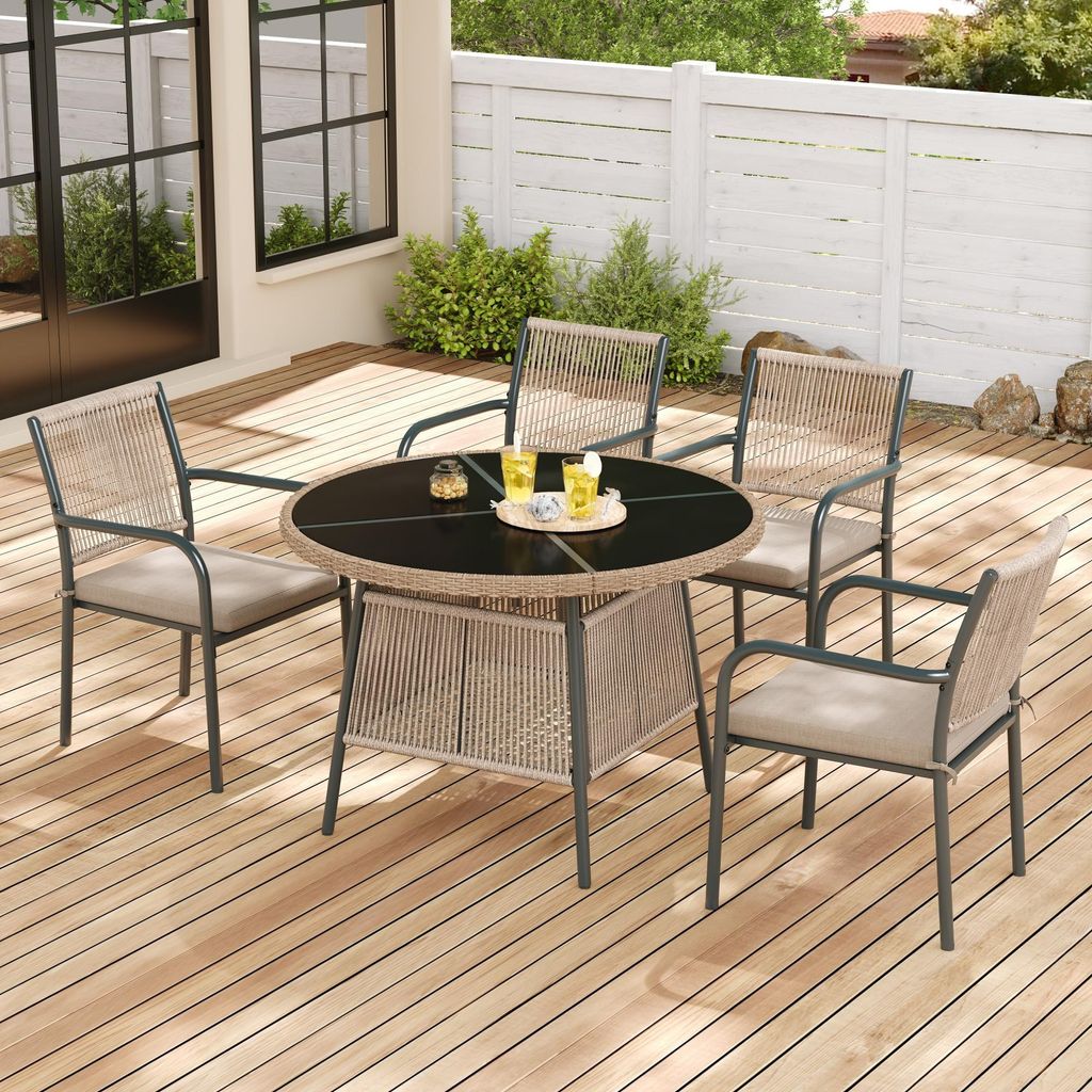 okwish Outdoor-Möbel,Garten-Sitzgruppe mit Inklusive Sitzkissen,Sessel,Rückenlehne aus geflochtenem Seil,Sitzgruppe mit Runder Glastisch und 4 Ar...