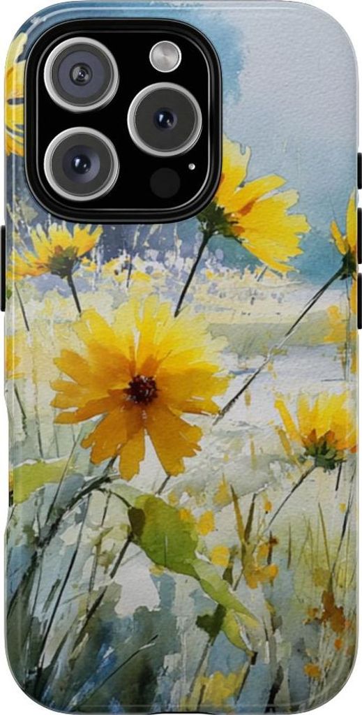 Strahlende Sonnenblumen auf pastellfarbener Landschaft – Hülle Kompatibel mit iPhone 16 Pro
