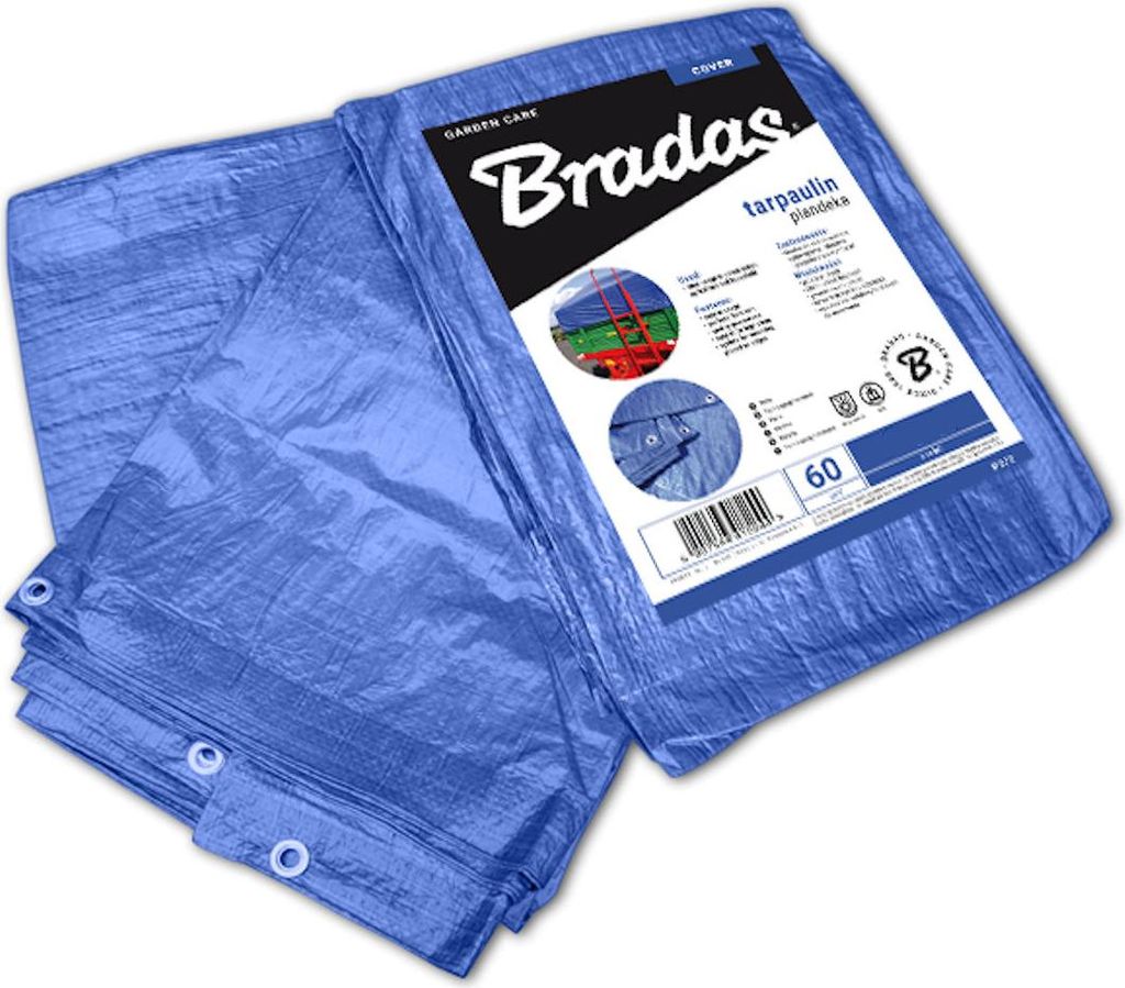 A folded blue tarp with a product label.