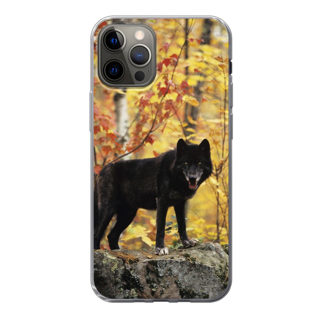 MuchoWow Handyhülle Schutzhülle Hülle für iPhone 12 Pro Wolf - Fels - Baum Silikon Softcase Handy Hülle - Abdeckung