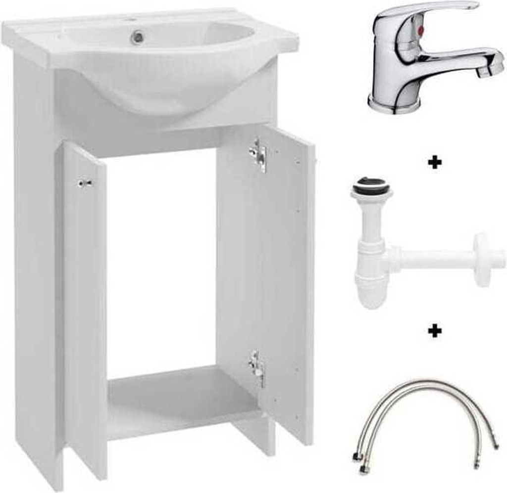 Badezimmer-Set: Schrank mit Waschbecken 50 weiß + Diana Wasserhahn und Siphon