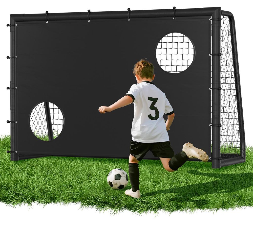 Eikuavons Fußballtor 240 x 160 x 80 cm – Fußballtor für Kinder & Erwachsene, Metalltor mit Torwand & Netz, für Garten & Außenbereich, Schwarz