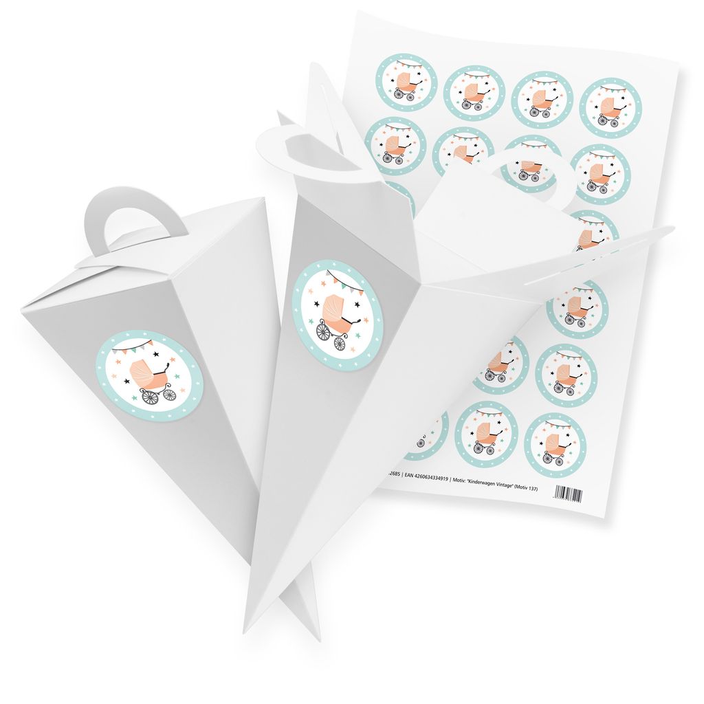 itenga SET V54 24x Geschenktüte Schultüte 21 cm, Weiß + Stickerbogen (Motiv 137)