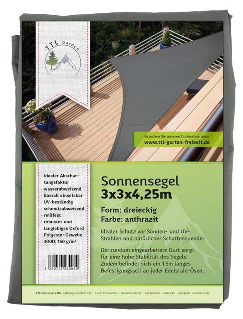 TTL GARDEN Sonnensegel Dreieck 3x3x4,25m rechtwinklig Produktbild 
