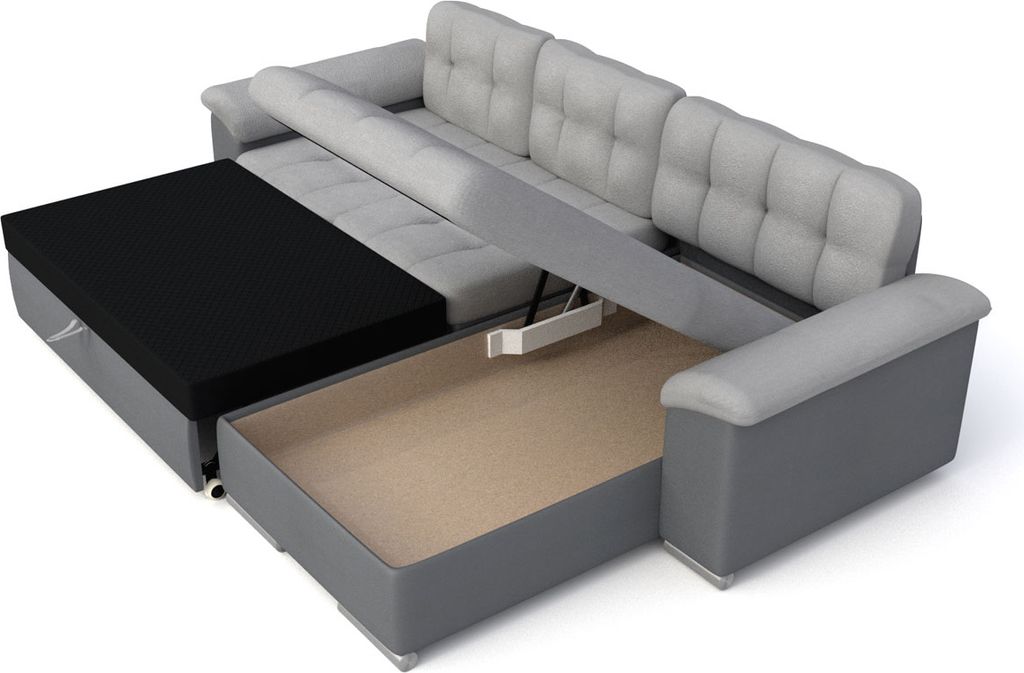 A sectional sofa with its bed mechanism extended, revealing storage space.