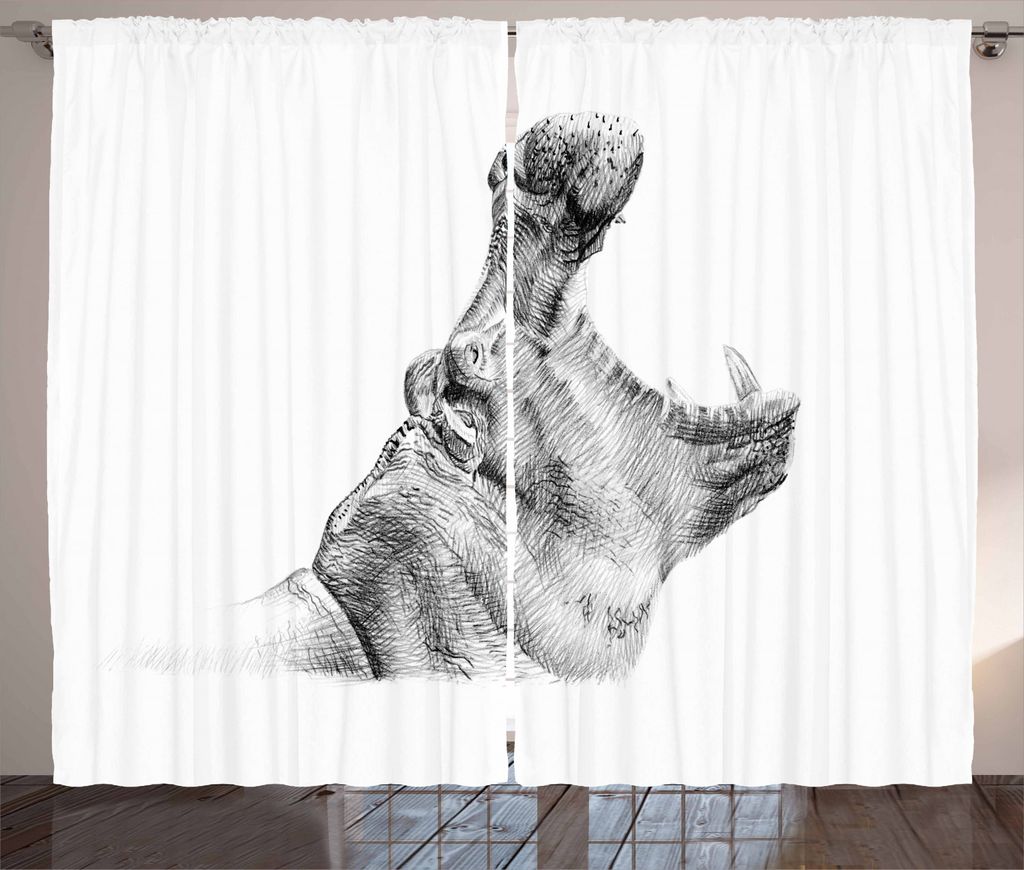 ABAKUHAUS Nilpferd Rustikaler Vorhang, Gähnende Flusspferd-Skizze, Wohnzimmer Universalband Gardinen mit Schlaufen und Haken, 280 x 225 cm, Weiß ...