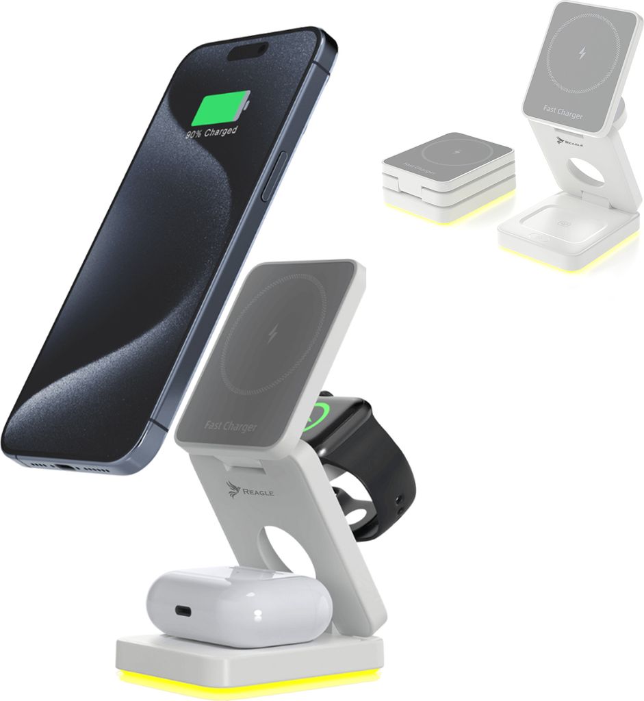 3-In-1 Wireless Ladestation Kabellose Faltbar Induktives Ladegerät Magsafe Qi 15W Kompatibel Mit Apple Iphone 16, 15 Airpods Smartwatch, Ladestä...