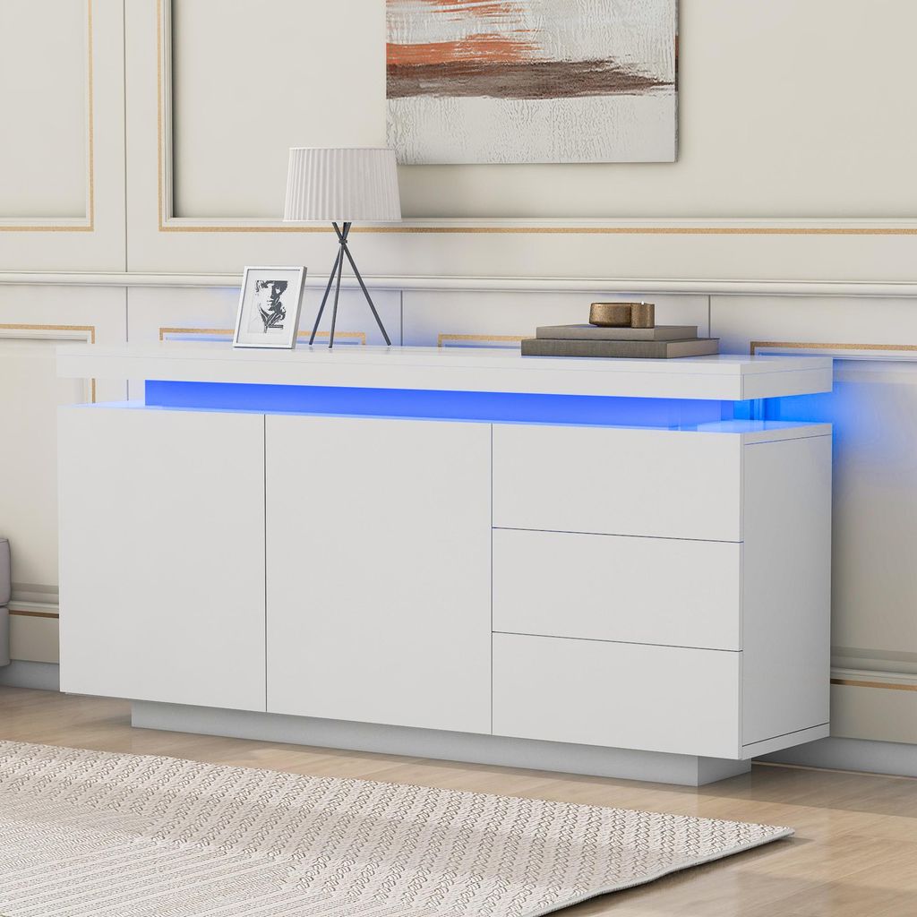 OKWISH Buffet Bas LED Avec 3 Tiroirs Et 2 Portes, Meuble De Image du produit 