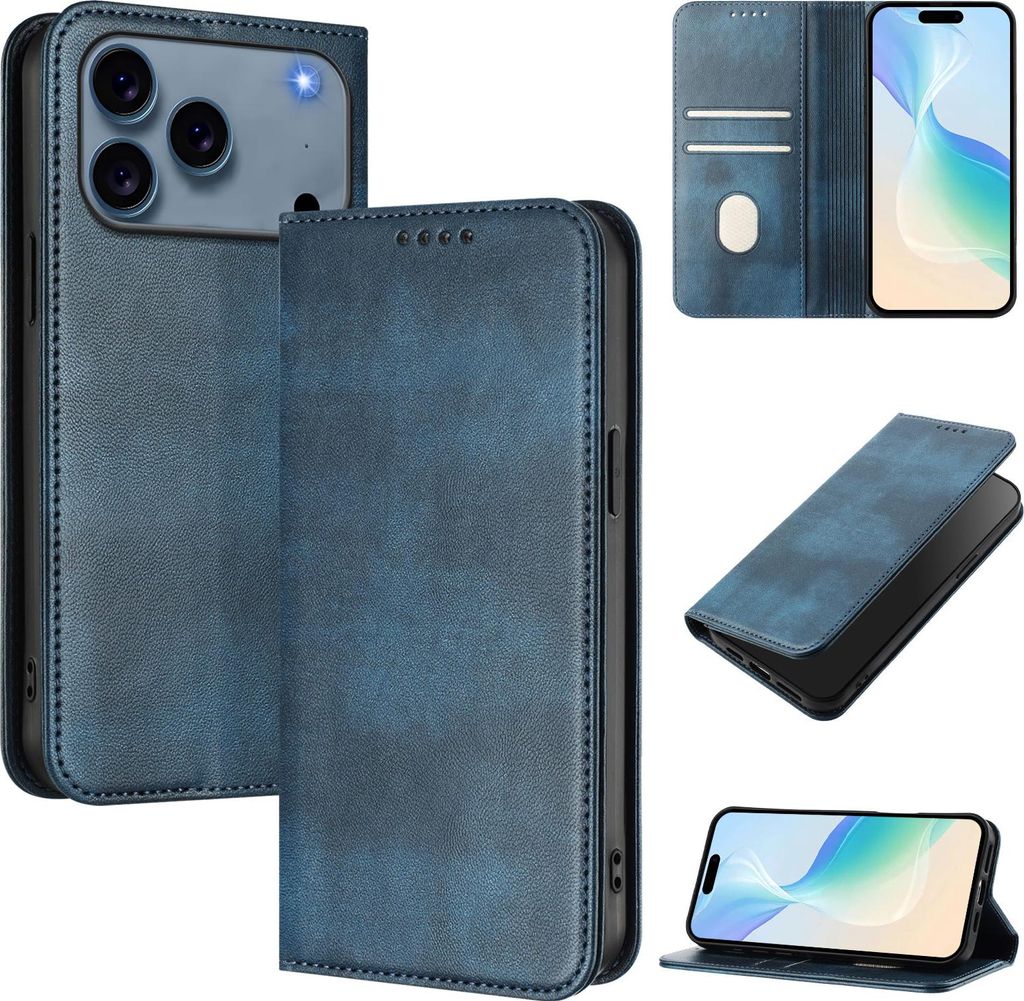 Handyhülle für iPhone 17 Pro Max, Vintage Leder RFID Schutz Kartenfach Standfunktion Magnetische Klapphülle Blau