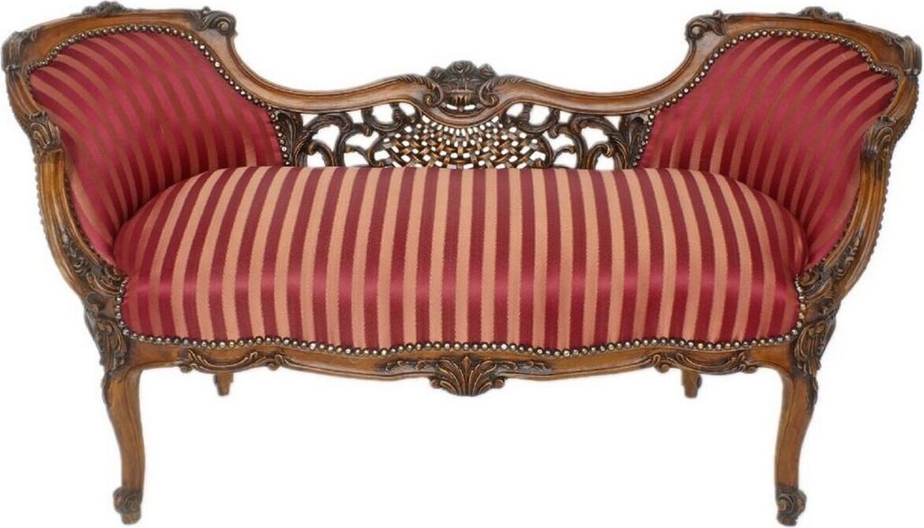 Casa Padrino Barock Sitzbank Bordeauxrot / Beige / Braun 150 x 55 x H. 80 cm - Prunkvolle gestreifte Massivholz Bank - Barock Wohnzimmer Möbel