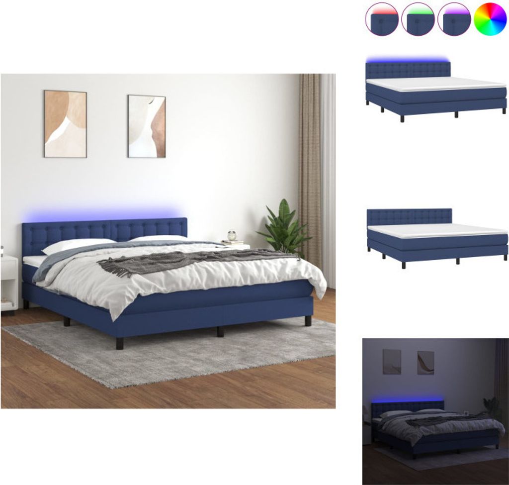 vidaXL Boxspringbett mit Matratze & LED Blau 180x200 cm Stoff - Betten & Bettgestelle