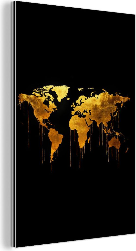 MuchoWow Wanddekoration Metall Metallbild Wandkunst 100x150 cm Weltkarte - Gold - Tropfend - Schwarz MuchoWow Aluminium Gemälde - Bild