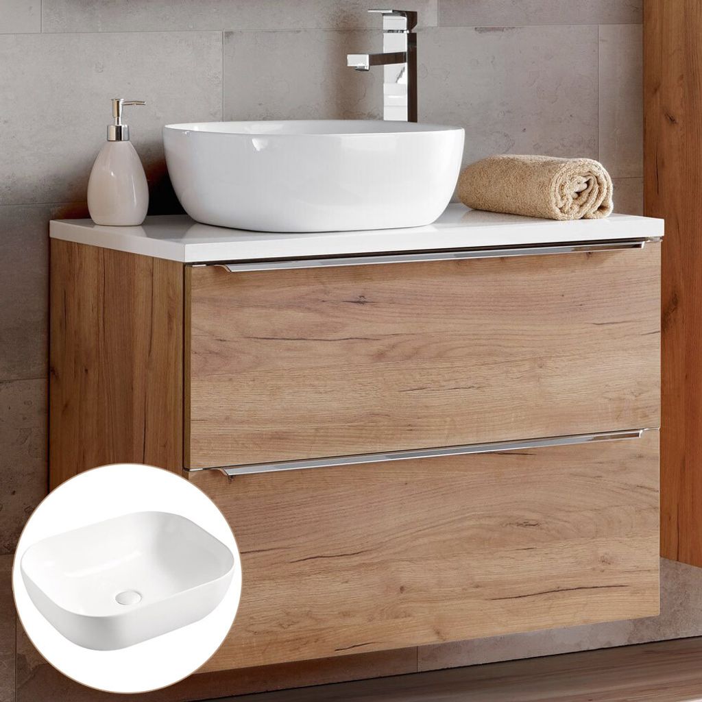 Waschtisch-Unterschrank 80cm mit 50cm Keramikbecken TOSKANA-56, in Wotaneiche & Hochglanz weiß, B/H/T ca. 81/74,5/46 cm