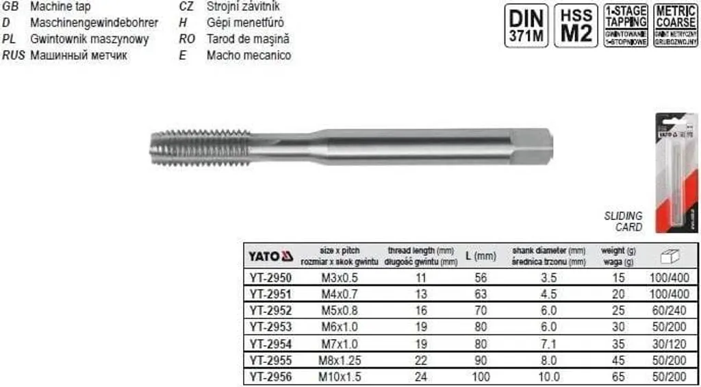 Maschio M8 Yato YT-2955 DIN 371 HSS M2 | Alta Velocità per Officine Meccaniche
