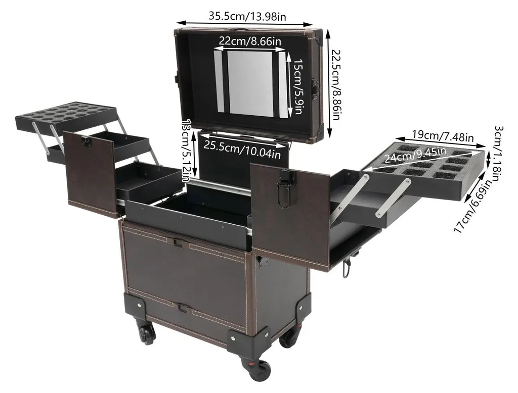 Valise à maquillage 4 roues pivotantes et poignée télescopique en cuir PU - 4