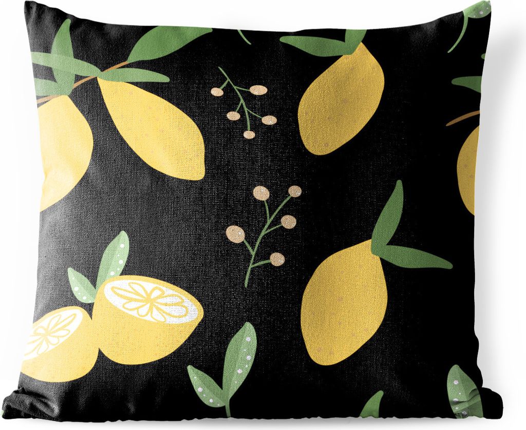 MuchoWow Outdoor Kissen - Zitrone - Früchte - Schwarz - Muster - 40x40 cm - Wetterfest - Lounge Kissen - Kopfkissen - Interieur - Polster mit Bild