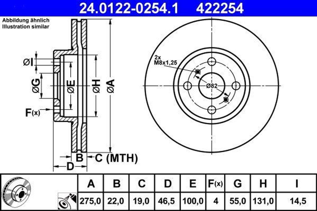 ATE 24.0122-0254.1 Bremsscheibe OE 4351252130 kompatibel mit Yaris