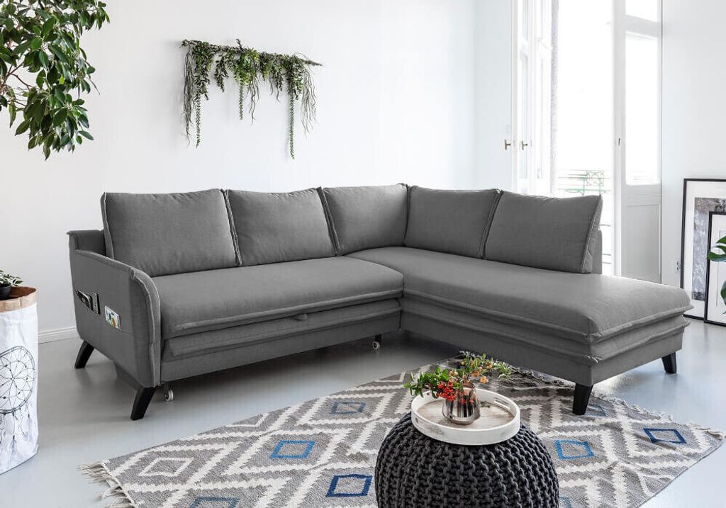 MIUFORM Charming Charlie - Ecksofa mit Bettfunktion und Bettkasten L-FORM RECHTS - 234x200cm - Grau - Sofa Schlafsofa Couch