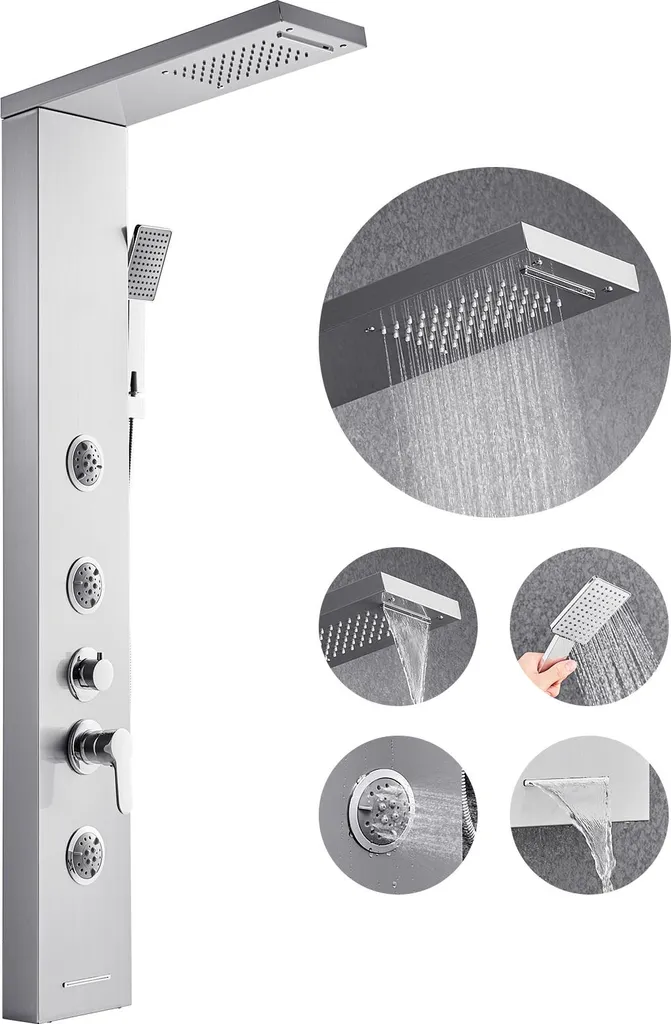 Colonne de Douche Inox avec Pommeau Cascade et Système de Pluie 5 en 1
