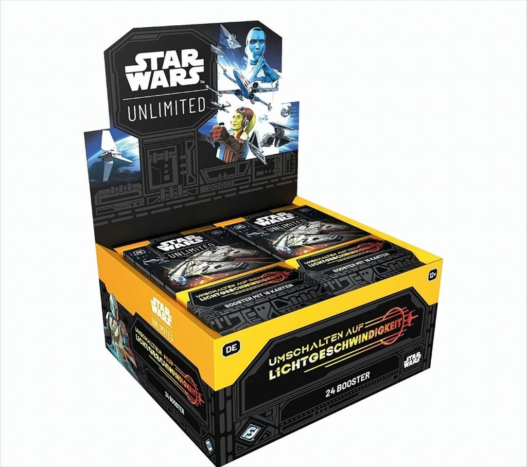 A display box of Star Wars: Unlimited trading card game booster packs.