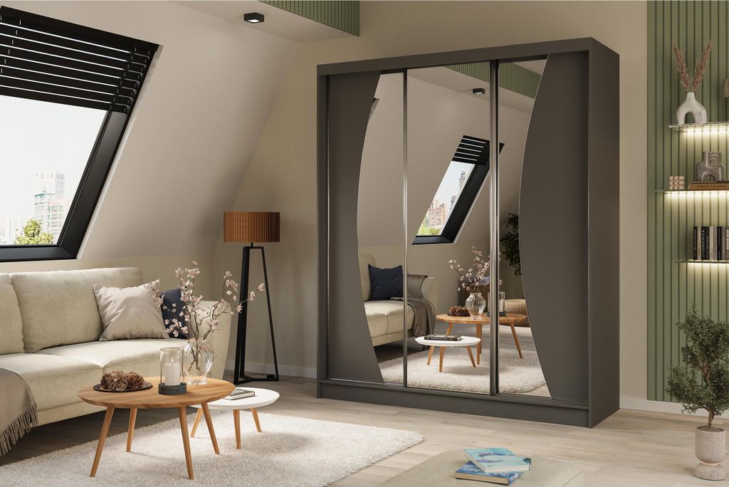 Schiebetürenschrank 180 cm Flow mit dekorativem Spiegel und Schubladen Graphitfarbener Kleiderschrank mit Schiebetüren und Spiegel Moderner Kleid...