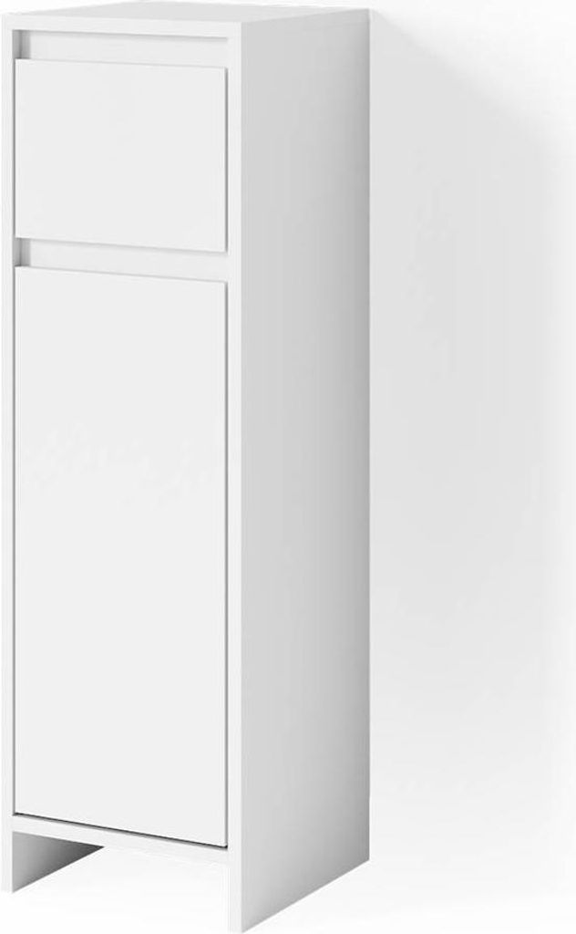 A white cabinet with two doors, one above the other, is shown against a white background.