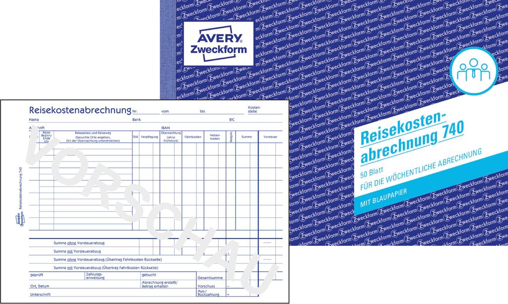 A product shot featuring two Avery Zweckform items: a travel expense form and a product cover/packaging.