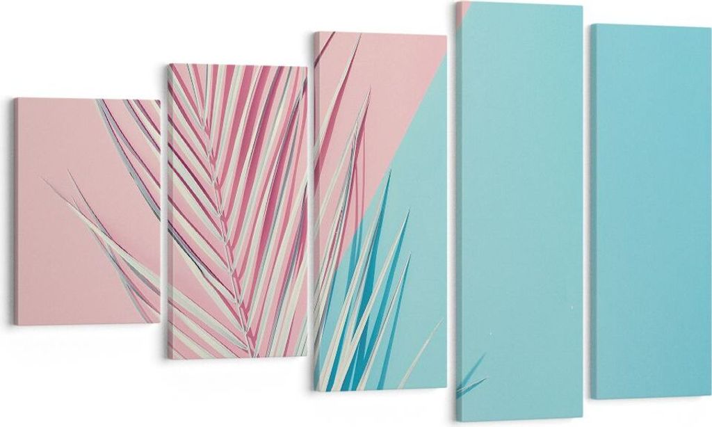 Bild auf Leinwand - Leinwandbild - 5 Teile - Blatt Rosa Türkis - 100x60cm - Wand Bild - Wanddeko - Wandbilder - Leinwanddruck - Bilder - Wanddekor...