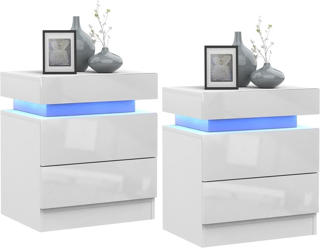 2x LED Nachttisch,Weiß Hochglanz Nachtkommode mit 2 Produktbild 