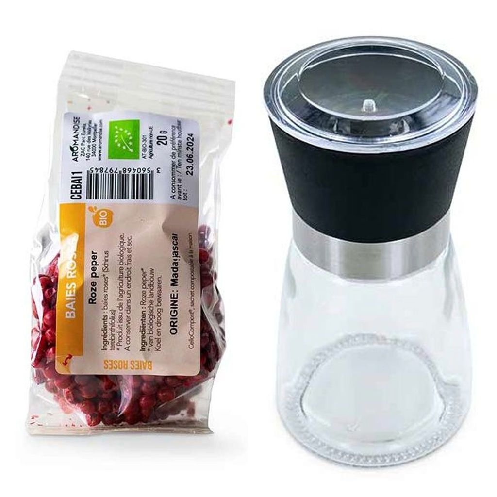Glas- und keramische Gewürzmühle + Madagassische rosa Beeren