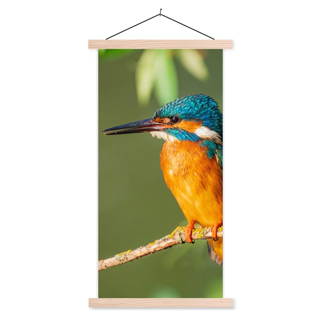 MuchoWow Textilposter Vogel - Eisvogel - Zweig - Blätter - Moos 40x80 cm mit holzfarbenen Rahmen - Wohnzimmer
