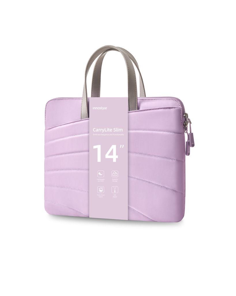 A light purple laptop bag with gray handles is shown against a white background.