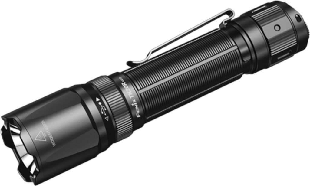 A black flashlight is shown against a white background.