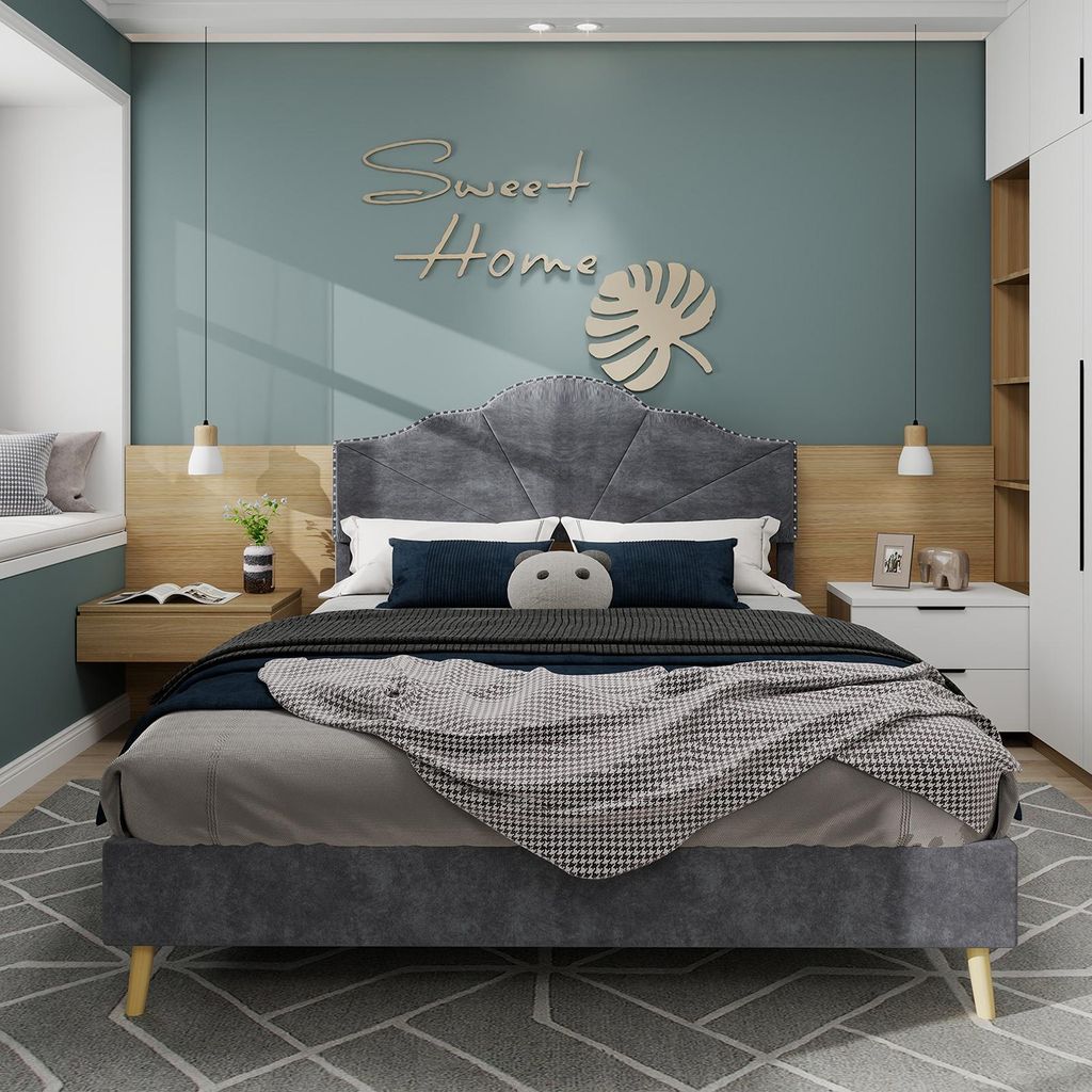 Sweiko Modern minimalist soft bed, comfortable and soft headboard, 140x200CM, gray, multifunctional bedroom furniture, low box bed frame does not i...