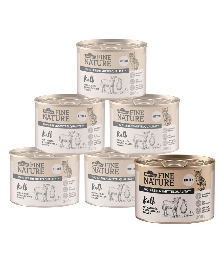Dehner Fine Nature Katzenfutter Kitten, Nassfutter getreidefrei, für junge Katzen, Kalb, 6 x 200 g Dose (1.2 kg)