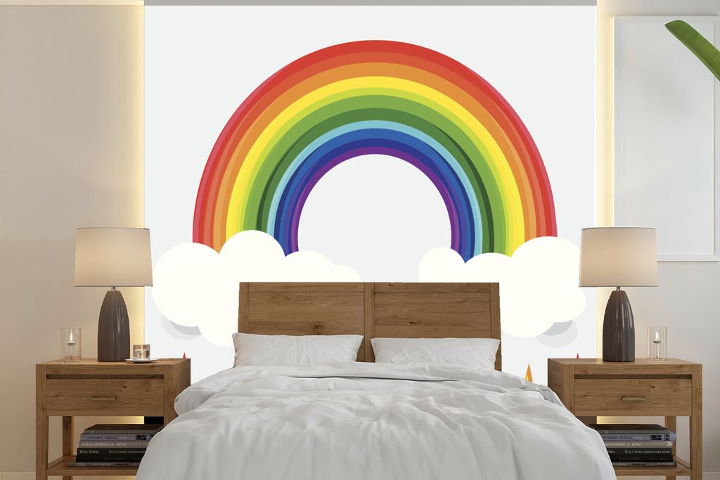 MuchoWow Fototapete für Wohnzimmer oder Schlafzimmer Wandtapete Vinyl Motivtapete Eine Illustration eines Regenbogens mit Wolken und Regenbogent...