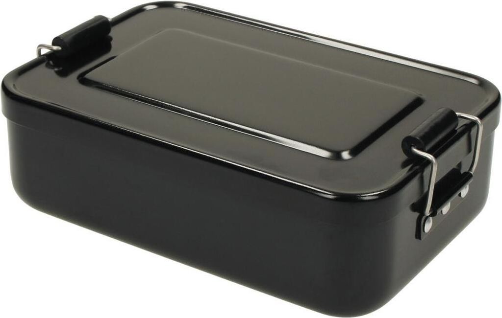 Brotdose "Metallic" - Robuste Brotzeitbox aus Aluminium mit abnehmbarem Deckel und praktischen Klemmbügeln - Schwarz