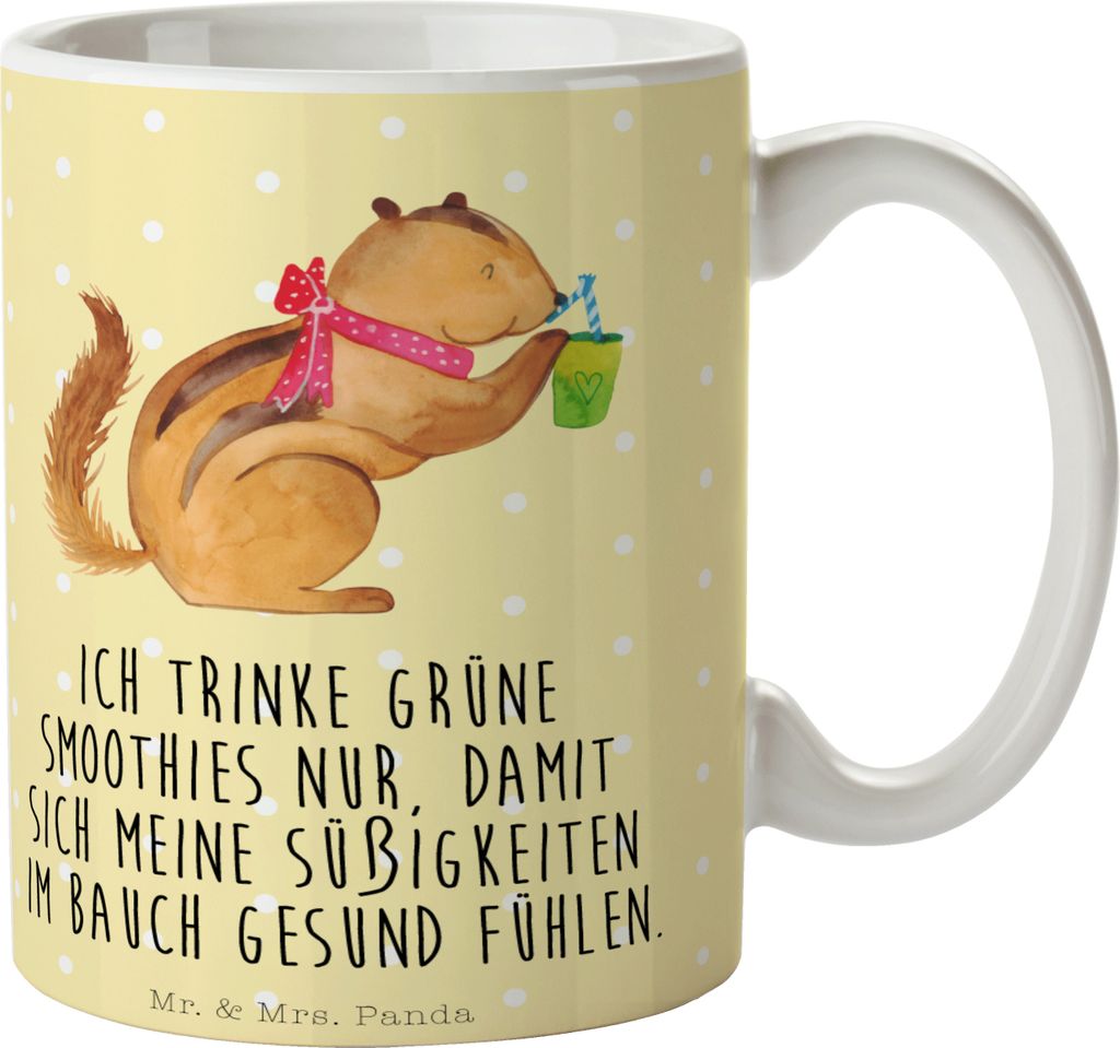 Mr. & Mrs. Panda Becher Eichhörnchen Smoothie - Gelb Pastell - Geschenk, Lustige Sprüche, Pott, Kaffeebecher, Tasse, Kaffeetasse, Teetasse, Diät...