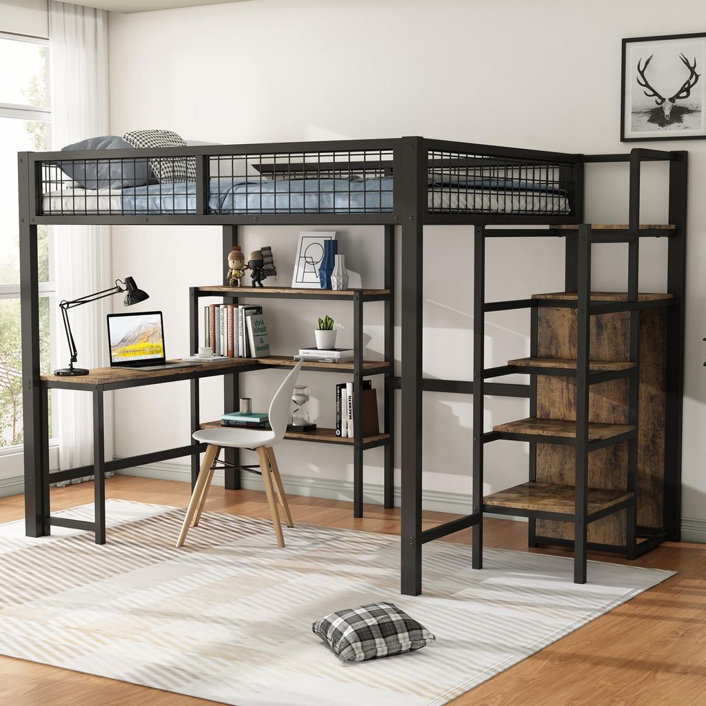 Merax Etagenbett Kinderbett 140x200 cm, Metall Hochbett Stockbett mit Schreibtisch, Regal, Offen Kleiderschrank, Jugendbett, Schwarz